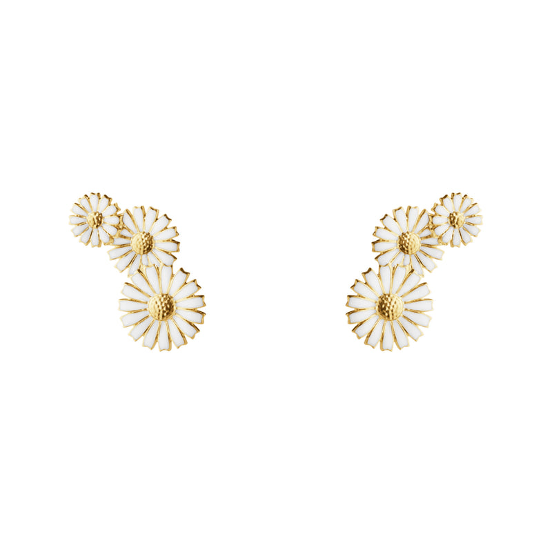 Daisy 3 Flower Layered Gold Plated Earrings w. White Enamel