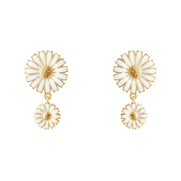 Daisy Double Gold Plated Earrings w. White Enamel