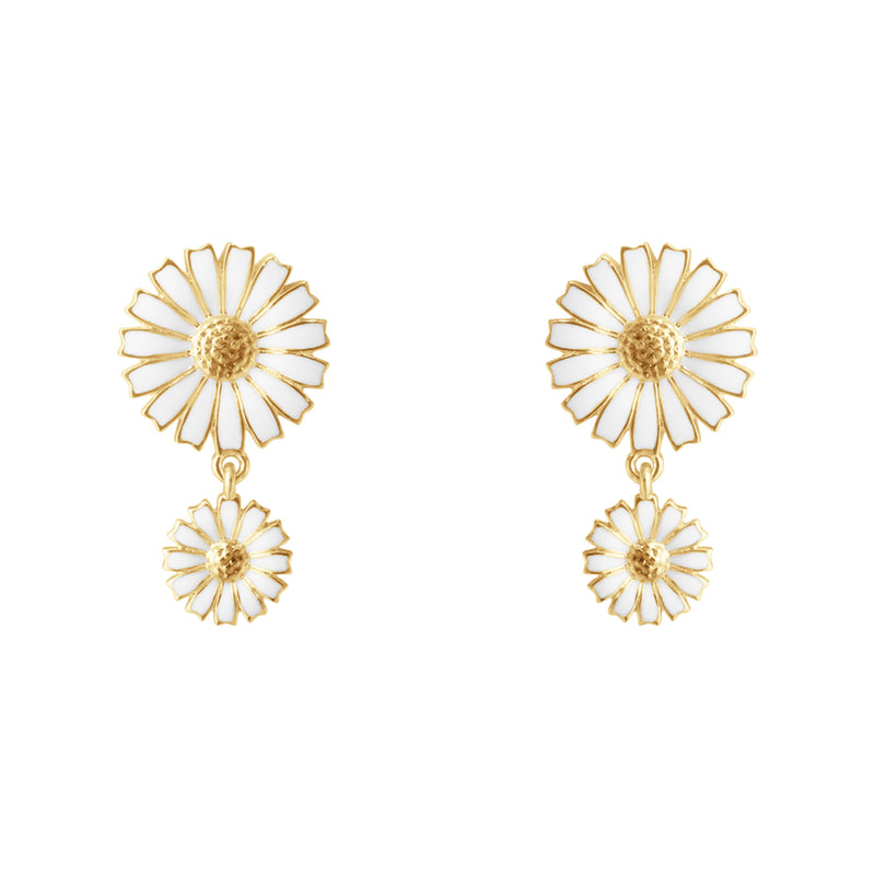 Daisy Double Gold Plated Earrings w. White Enamel