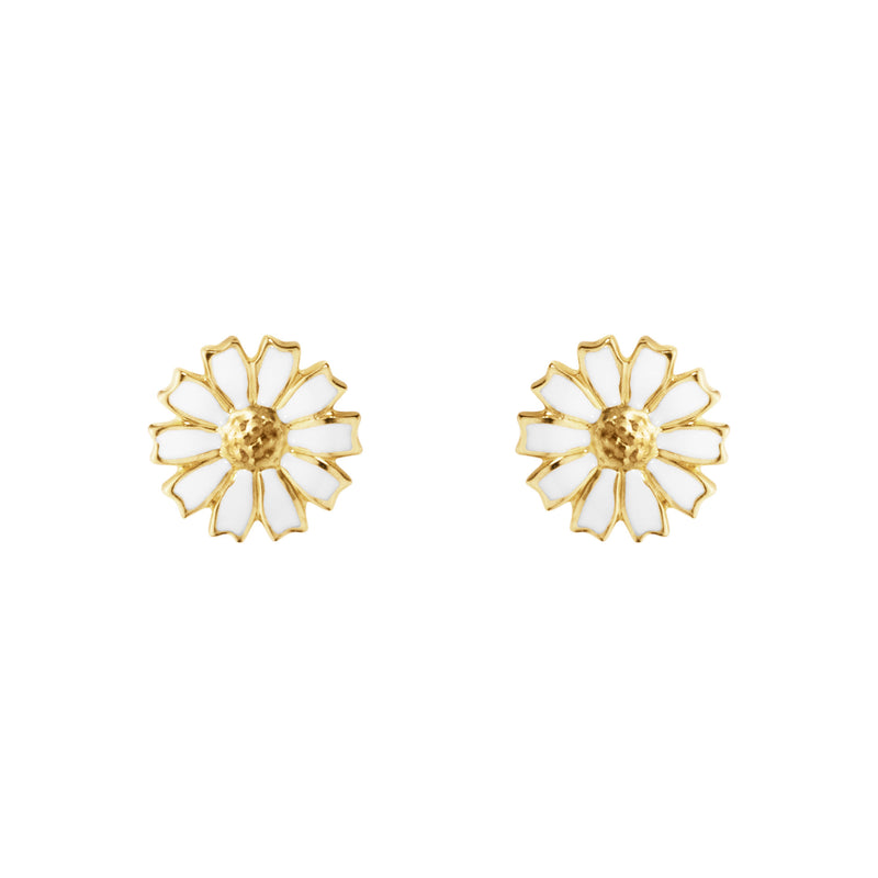 Daisy 7 mm Gold Plated Earrings w. White Enamel