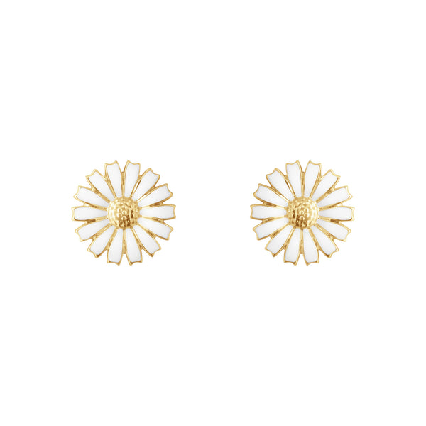 Daisy 11 mm Gold Plated Earrings w. White Enamel