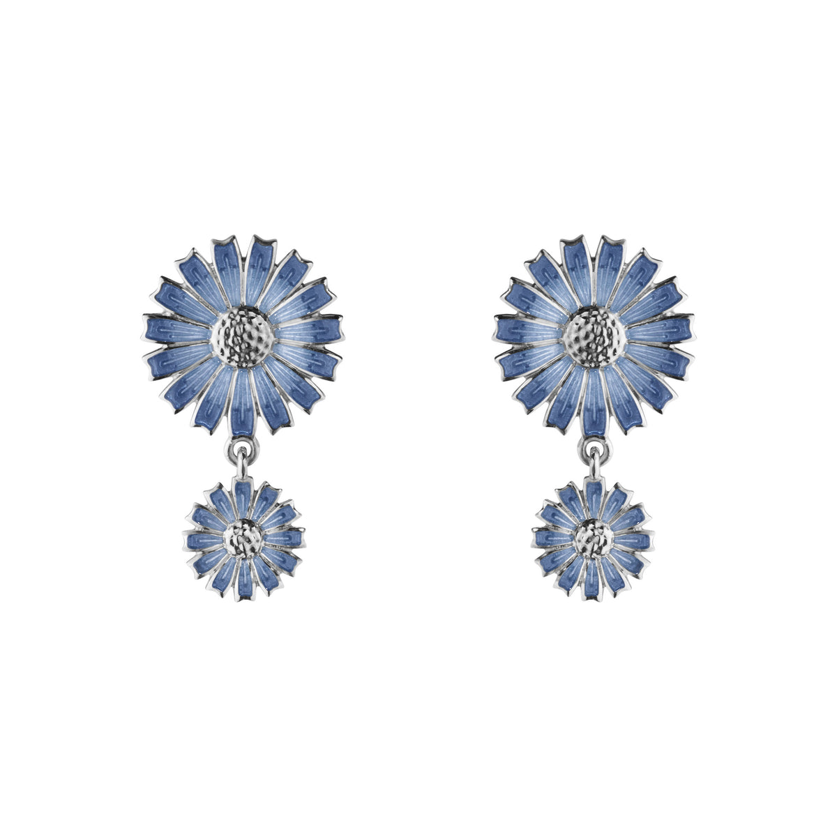 Daisy Double Silver Earrings w. Blue Enamel