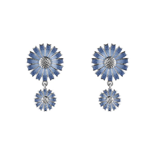 Daisy Double Silver Earrings w. Blue Enamel