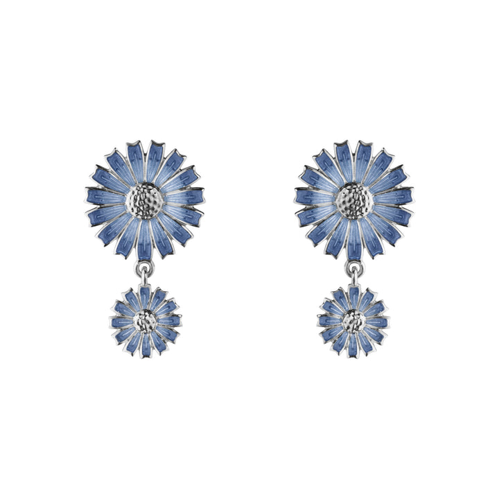 Marguerit Dobbelt Sølv Øreringe m. Blå Emalje