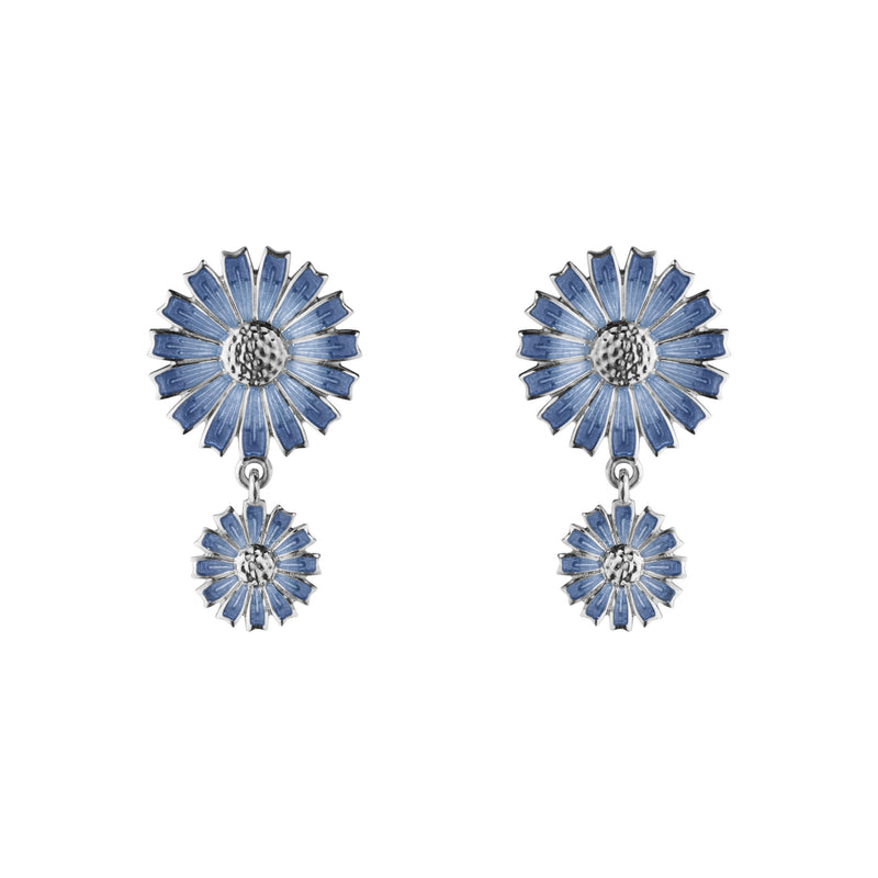 Daisy Double Silver Earrings w. Blue Enamel