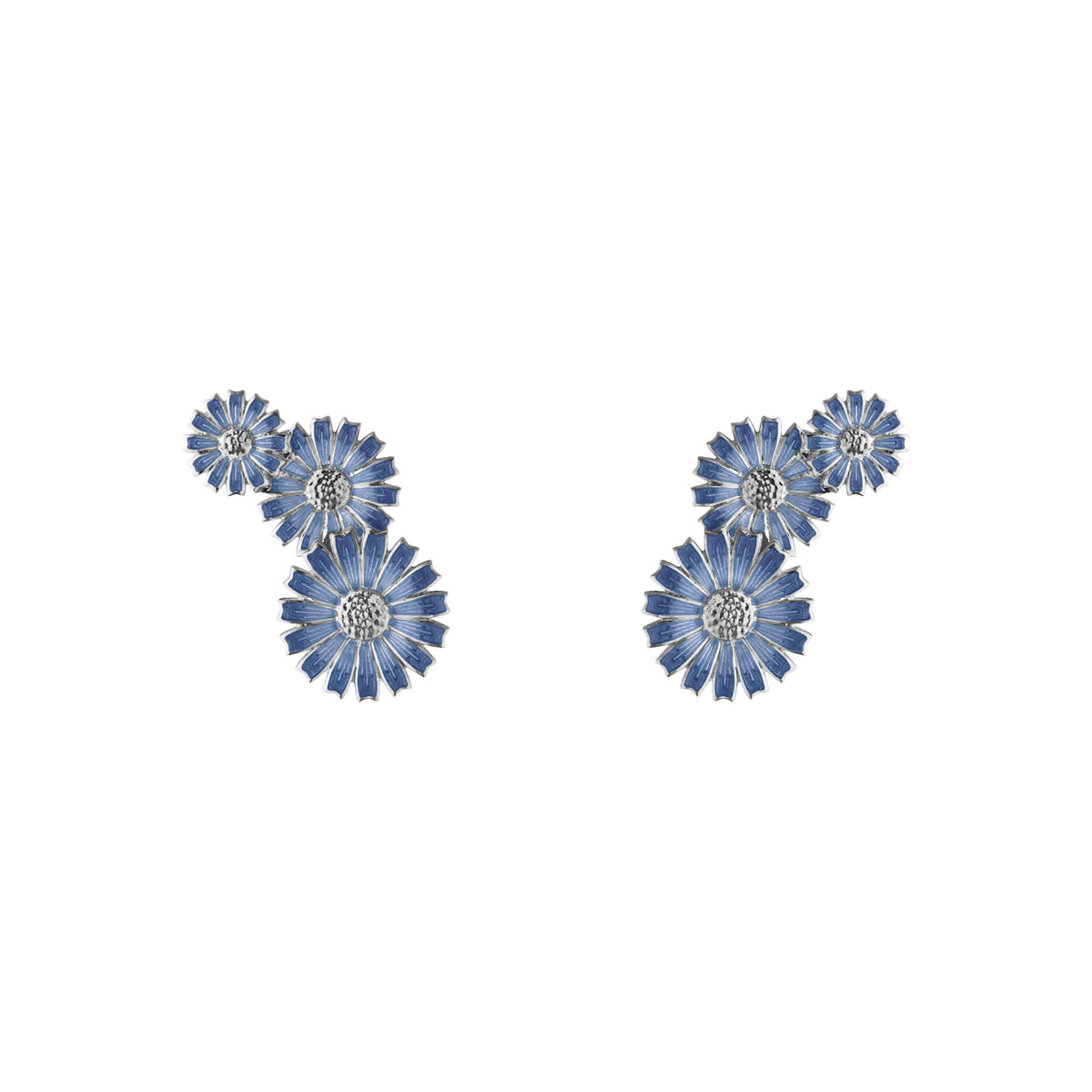 Daisy 3 Flower Layered Silver Earrings w. Blue Enamel