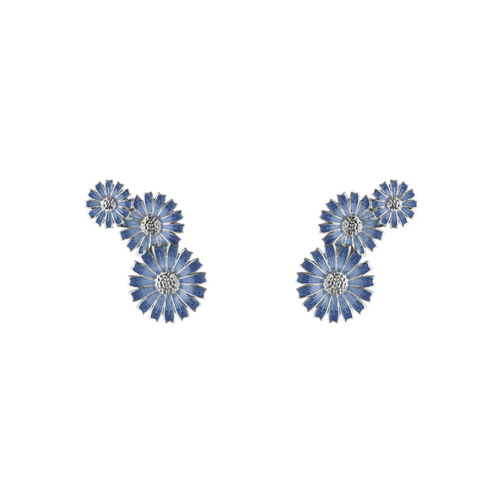 Daisy 3 Flower Layered Silver Earrings w. Blue Enamel