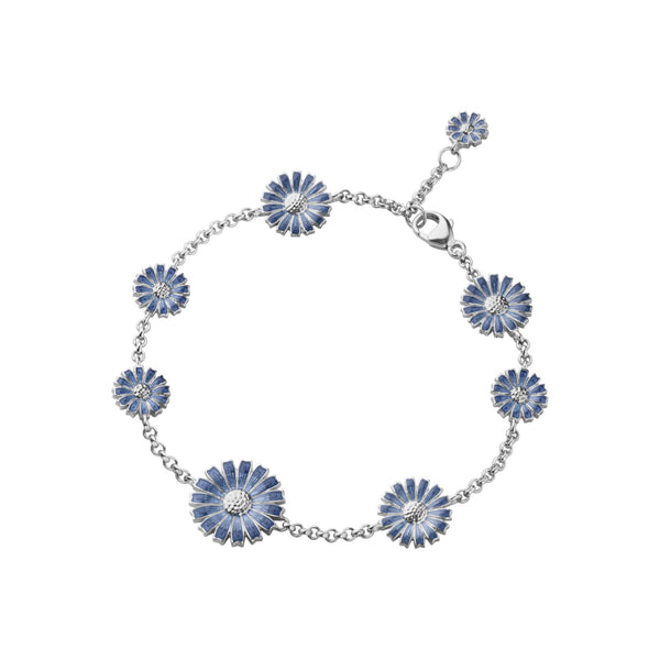 Marguerit Syv Blomster Sølv Armbånd m. Blå Emalje