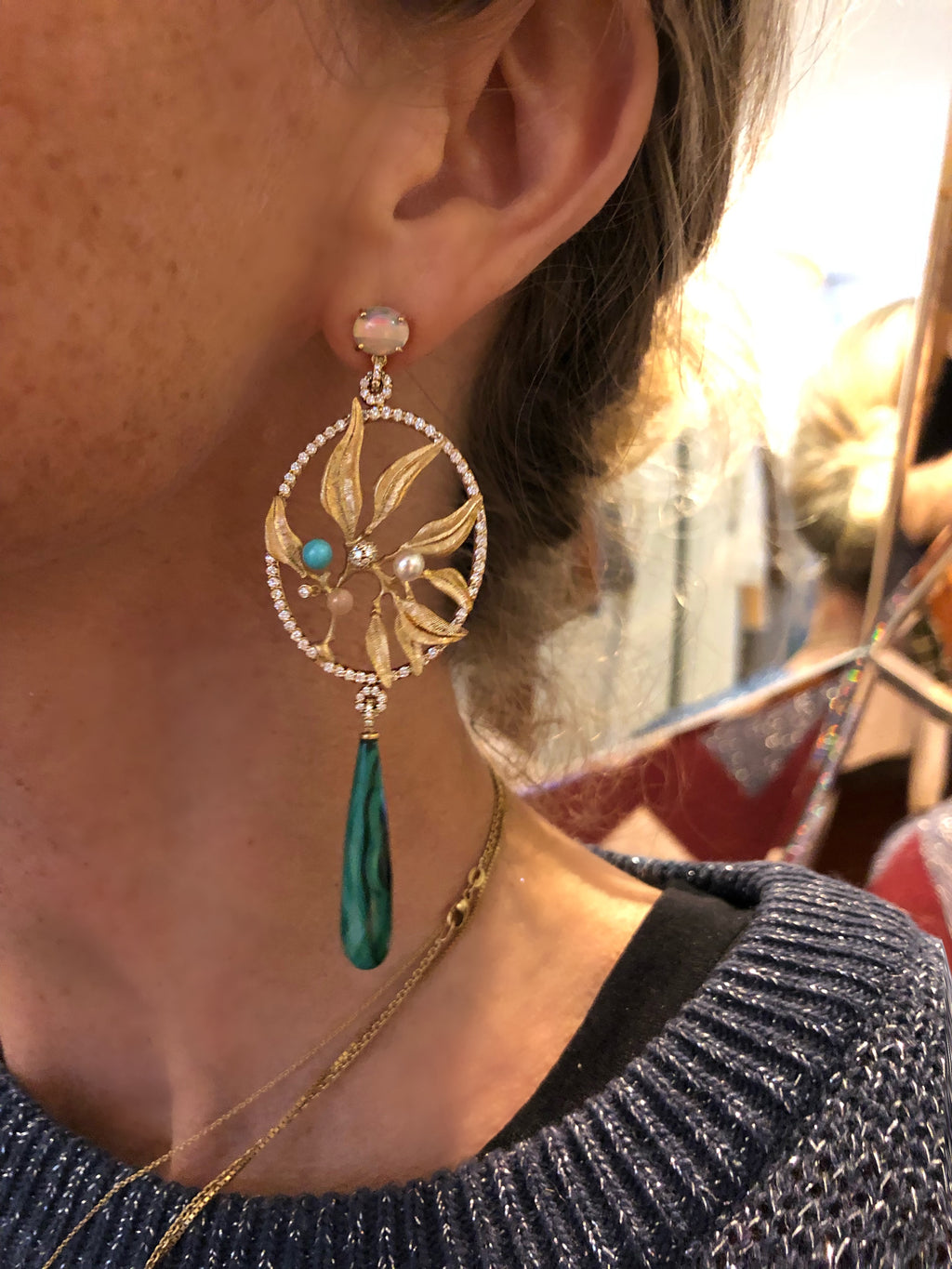 Exclusive Dream Catcher 18K Gold Earrings w. Diamonds, Moonstone, Pearl, Opal, Turquoise & Malachite