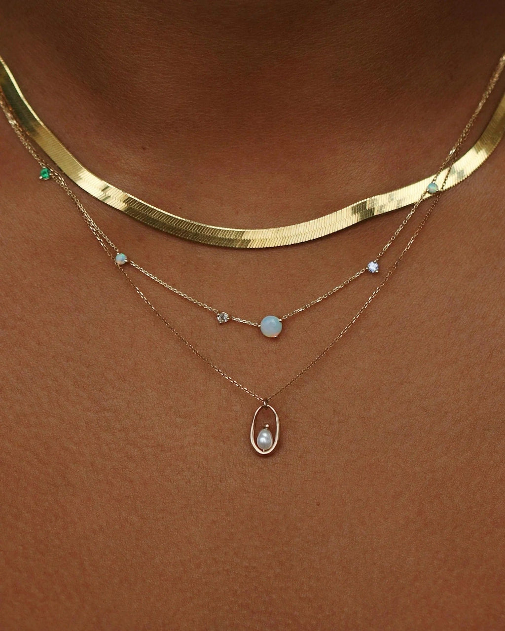 Linear Chain 14K Gold Necklace w. Opal, Diamond, Emerald & Sapphire