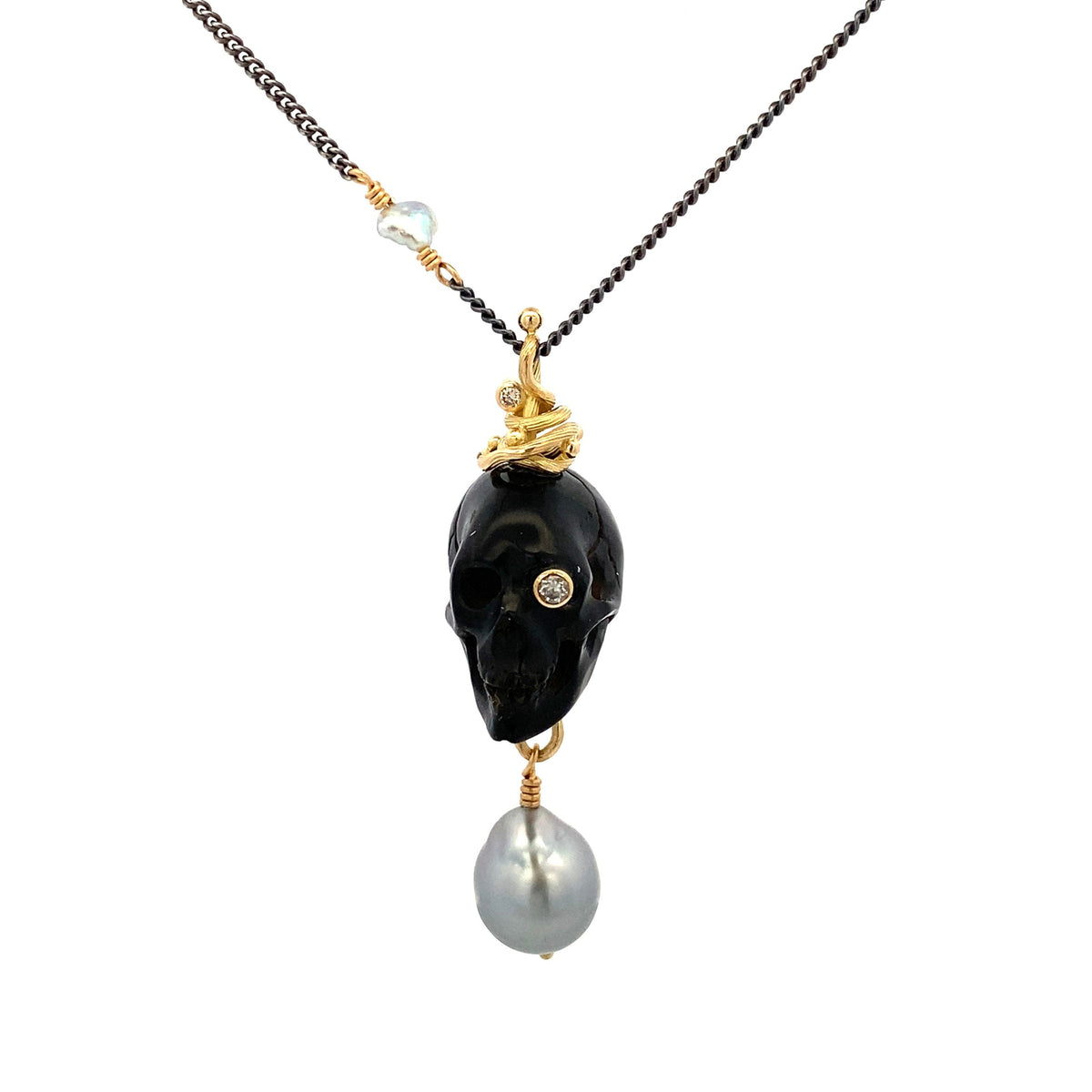 Memento Mori 18K og 22K Guld & Sølv Halskæde m. Tahiti-Perle, Keshi Perle & Diamant