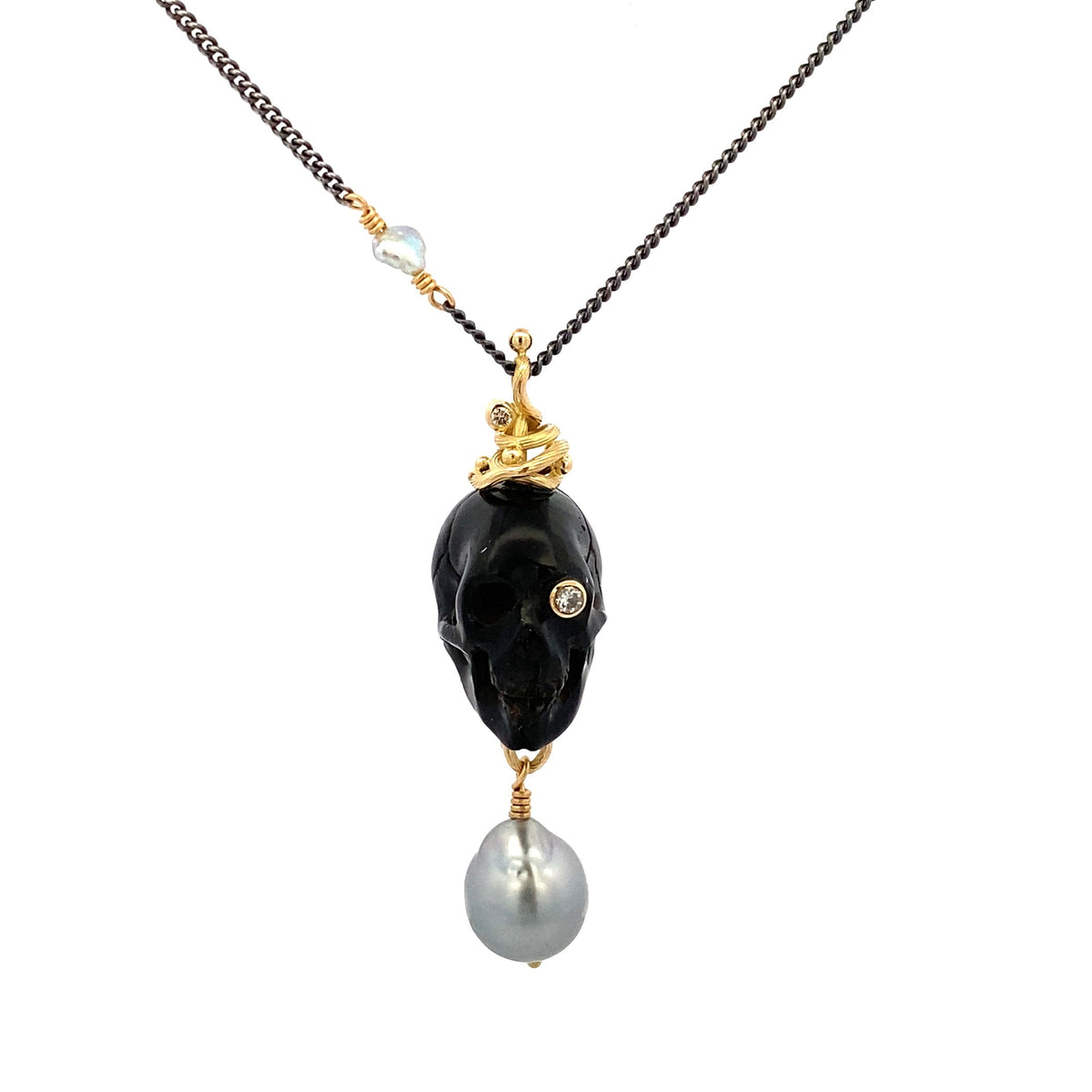 Memento Mori 18K og 22K Guld & Sølv Halskæde m. Tahiti-Perle, Keshi Perle & Diamant