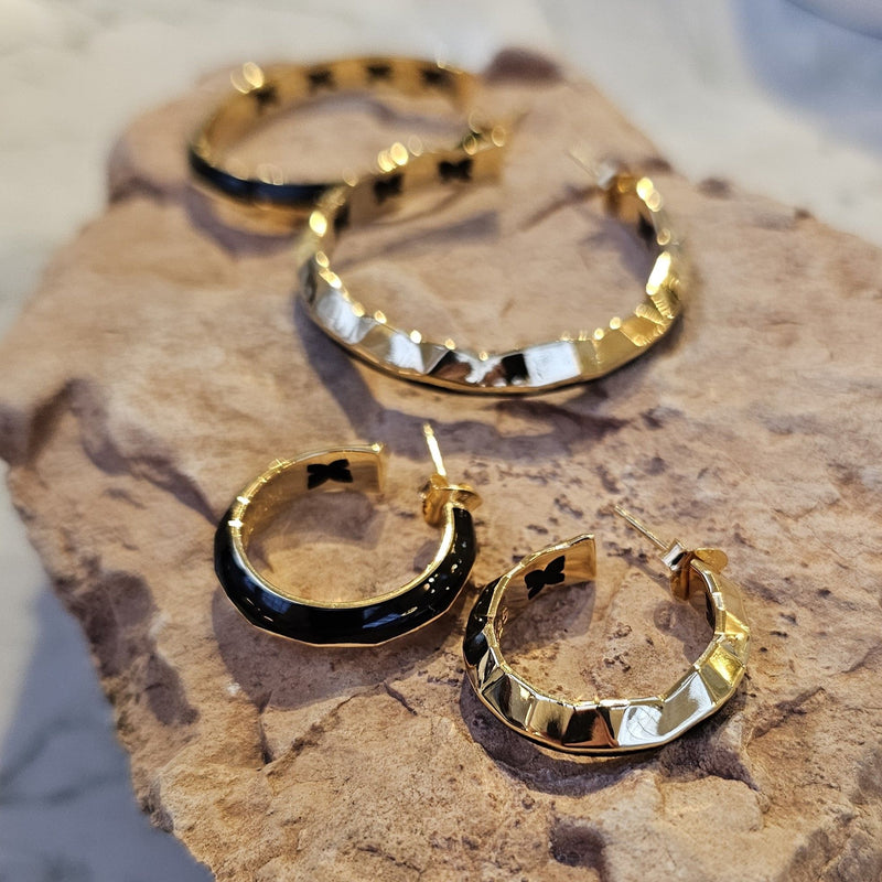 A. Iceberg 18K Gold Plated Hoops w. Jet Black Enamel