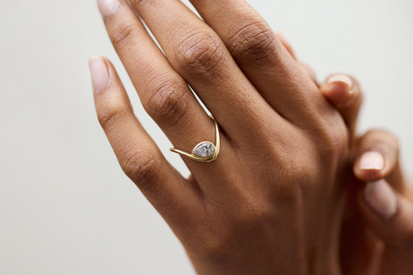 Wavy Pear Bezel 14k or 18k Gold Ring w. Lab-Grown Diamond