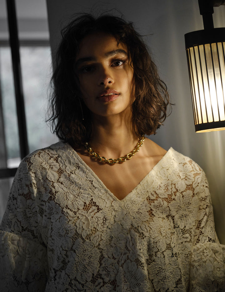 Chunky Link Gold Plated Necklace w. Spinel