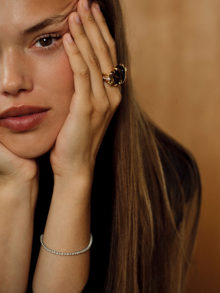 Boho Double Pavé 18K Gold Ring w. Tourmaline, Quartz & Diamonds