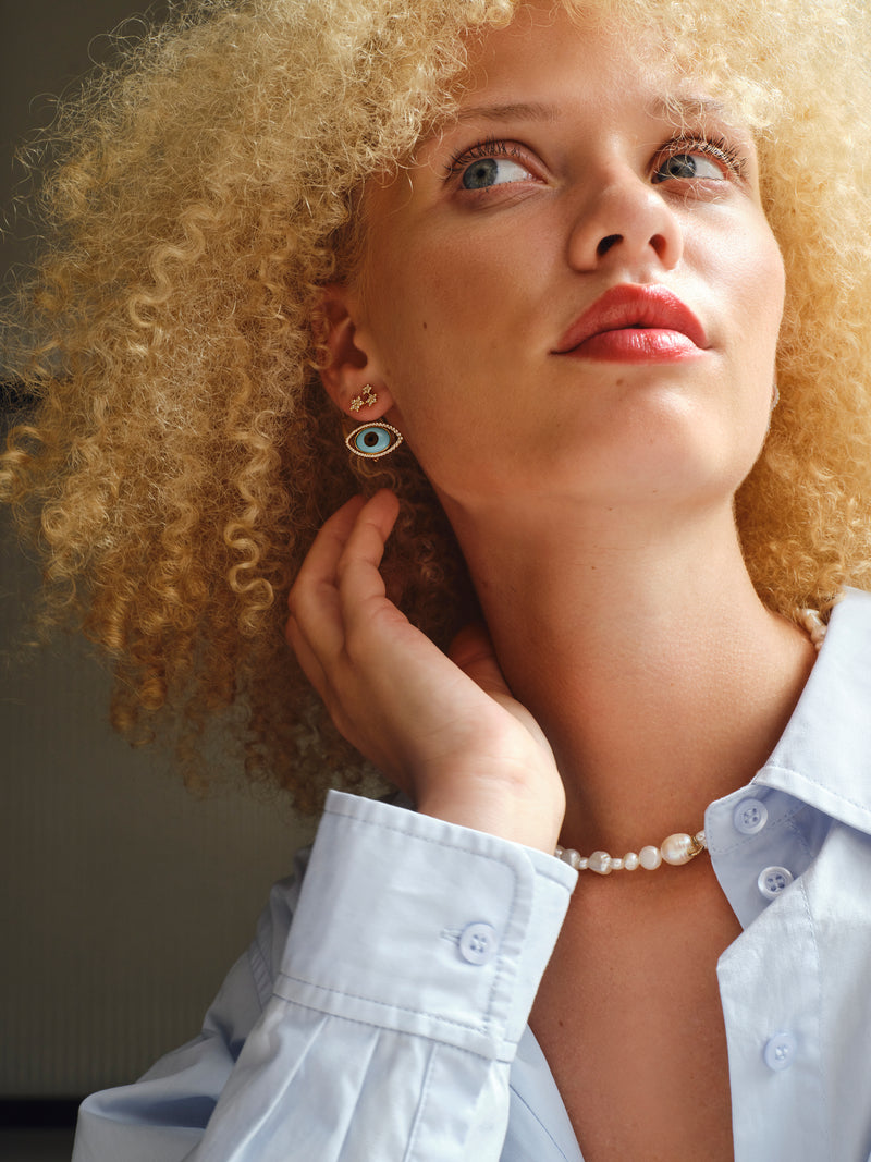 Evil Eye 18K Gold Earring Pendant w. Tiger's Eye, Onyx, Turquoise & Diamond