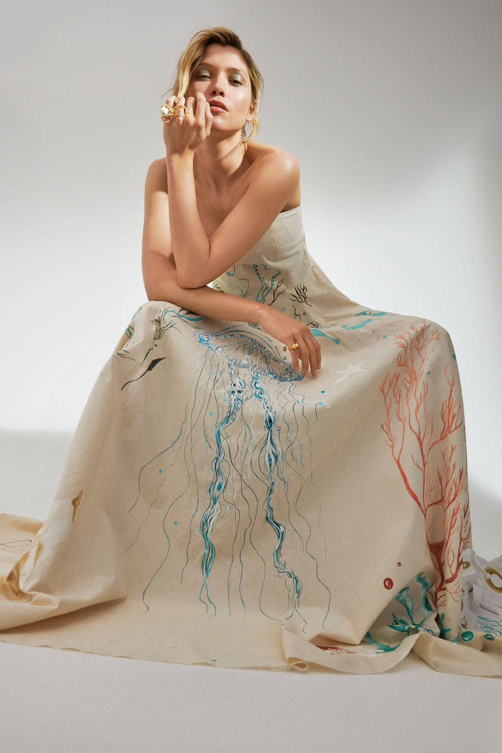 Young Fish 18K Gold Ring w. Aquamarine, Pearl & Diamonds