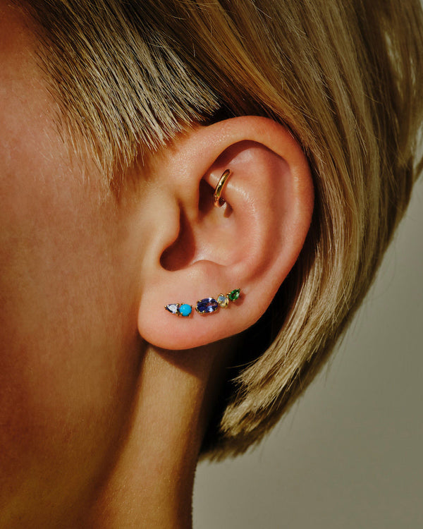 Duo Gemstone 9K Gold Earring,Stud w. Round Turquoise & Pear Tanzanite