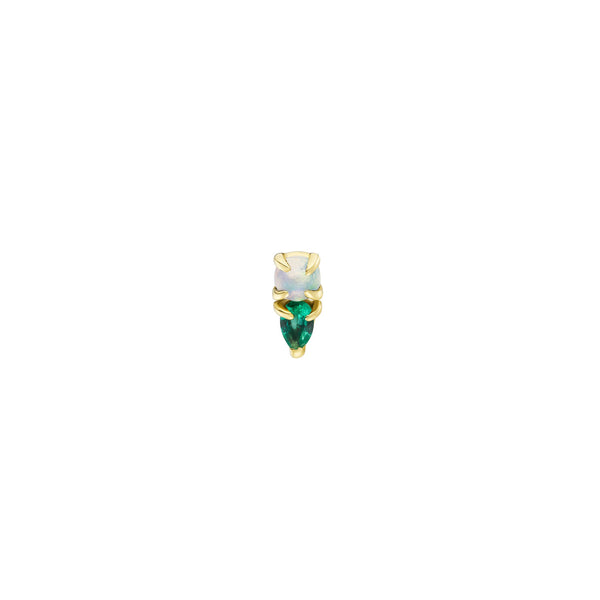 Duo Gemstone 9K Gold Stud w. Round Opal & Pear Emerald