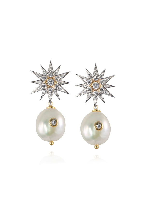 Star & Pearl Drop Silver Earrings w. Zirconia & Pearls