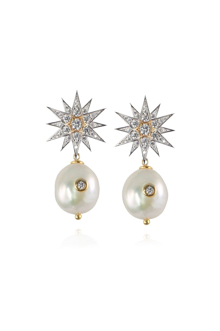 Star & Pearl Drop Silver Earrings w. Zirconia & Pearls