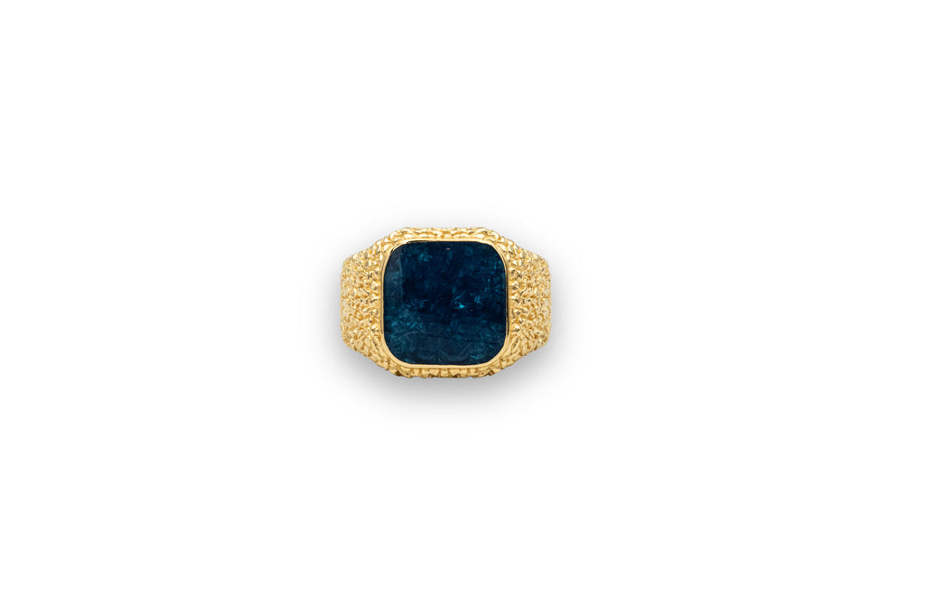 IX Crunchy Cushion 22k Gold Plated Signet Ring w. Blue Enamel