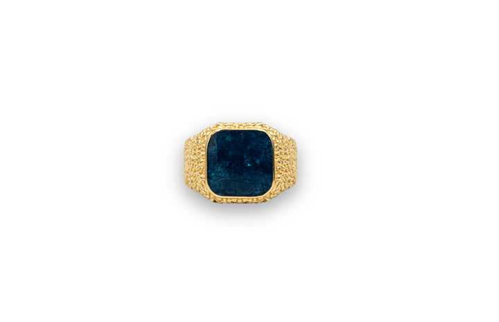 IX Crunchy Cushion 22k Gold Plated Signet Ring w. Blue Enamel
