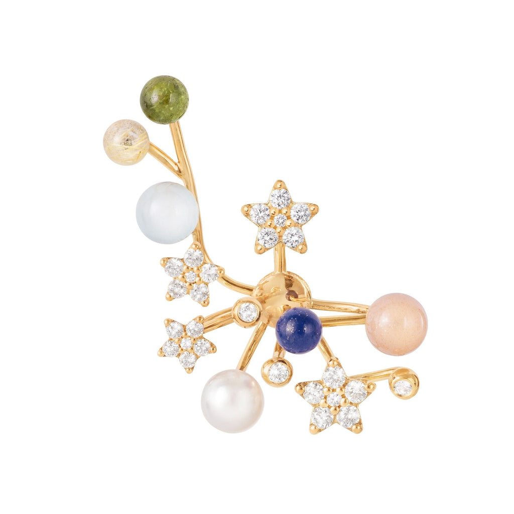 Shooting stars 18K Gold Earring-pendant w. Diamond, Tourmaline, Rutile Quartz, Aquamarine, Pearl, Lapis