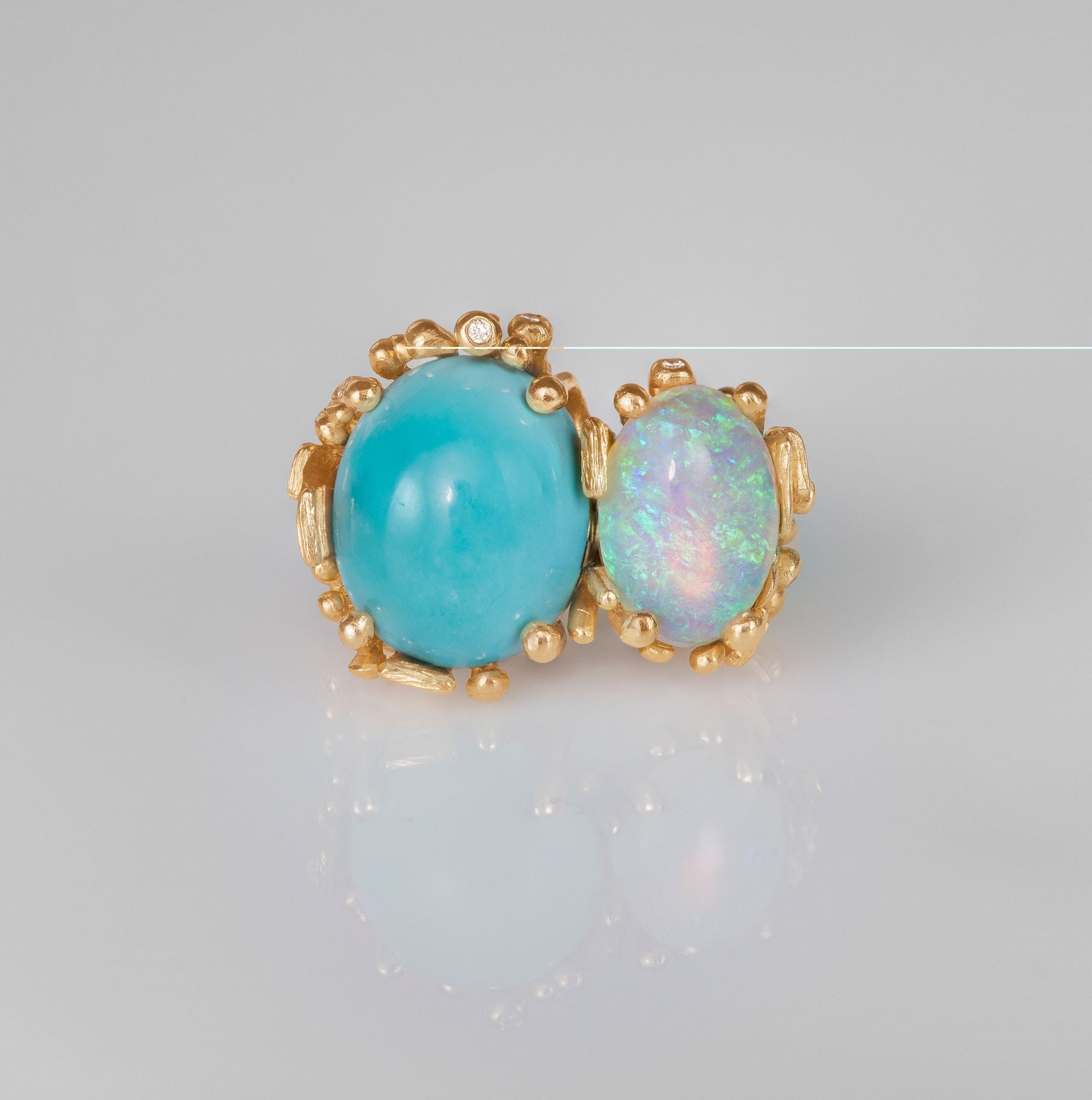 BoHo Double 18K Gold Ring w. Diamond, Opal & Turquoise