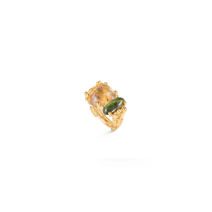 BoHo Double 18K Gold Ring w. Diamond, Turquoise & Rutile Quartz