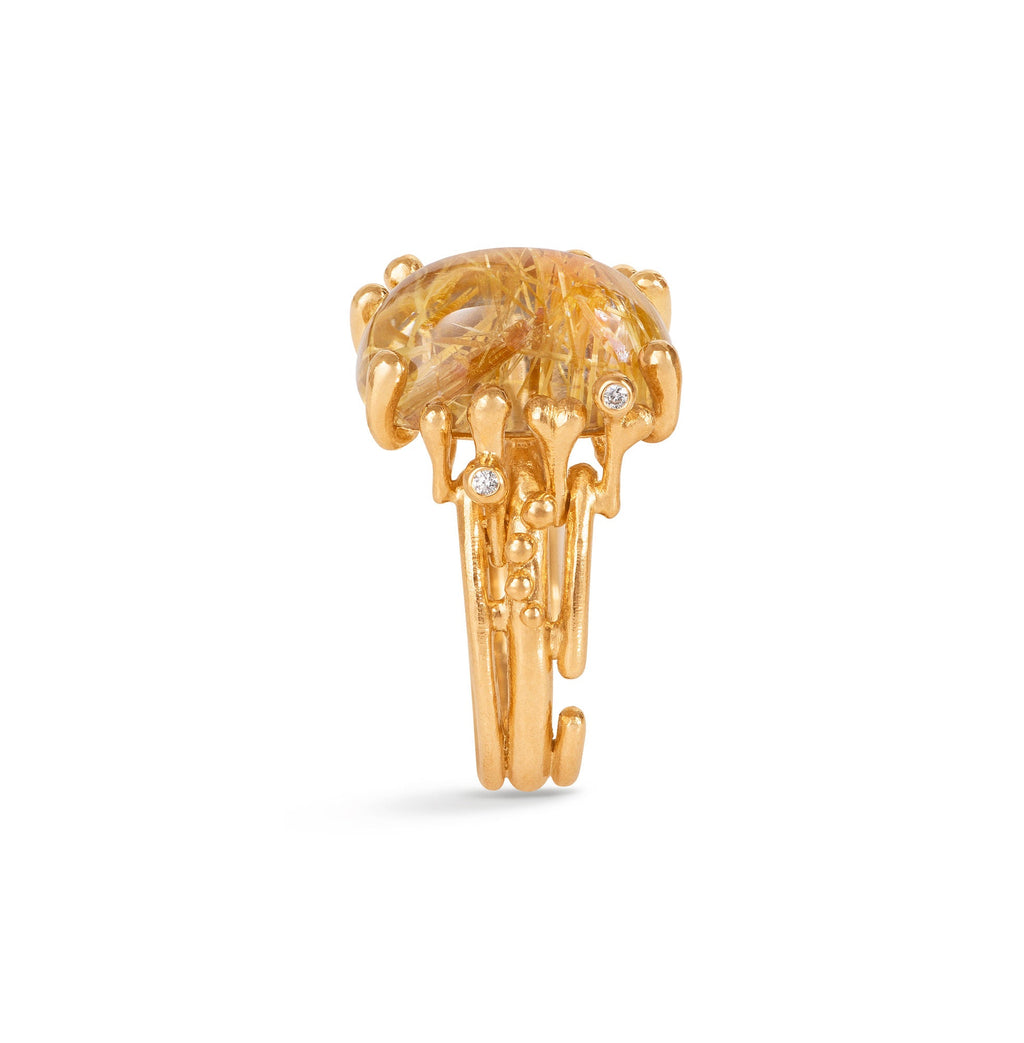 BoHo Medium 18K Gold Ring w. Diamonds & Rutile Quartz