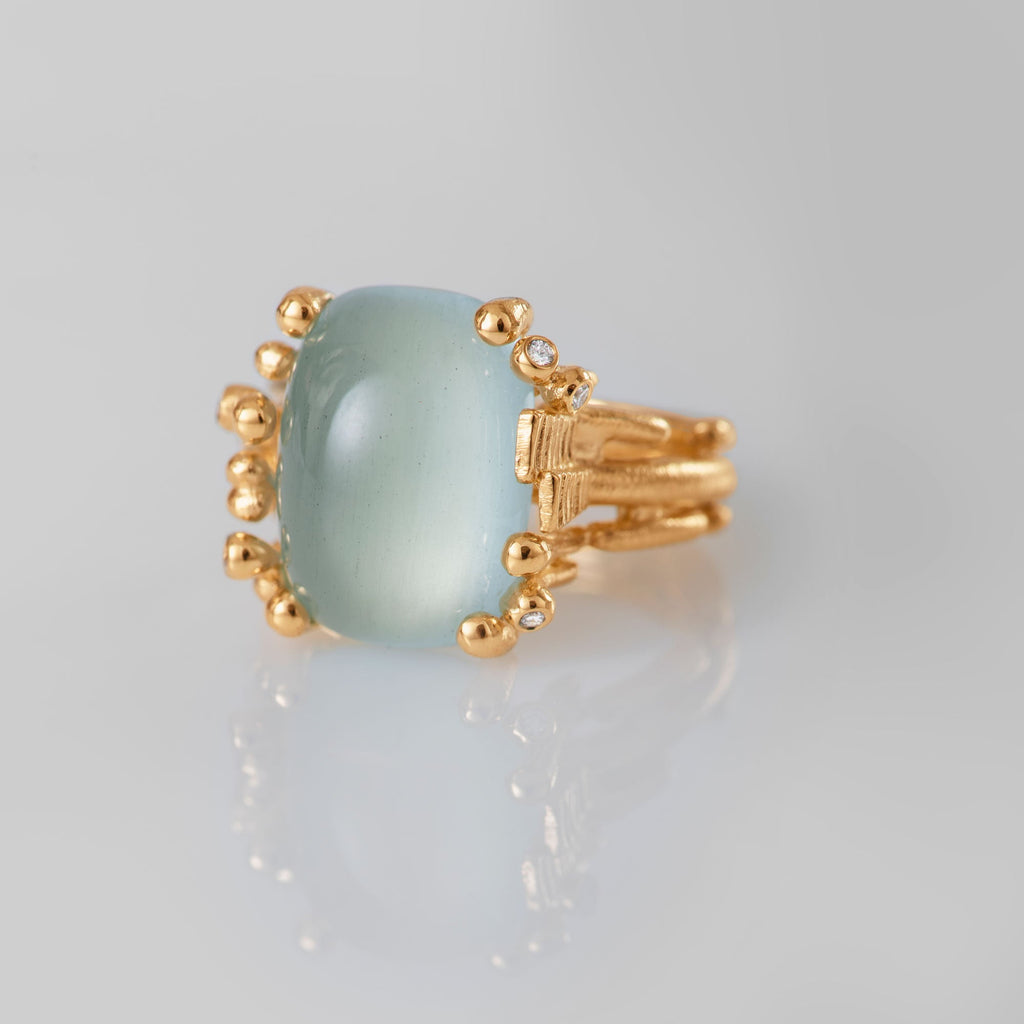 BoHo Medium 18K Gold Ring w. Diamonds & Aquamarine