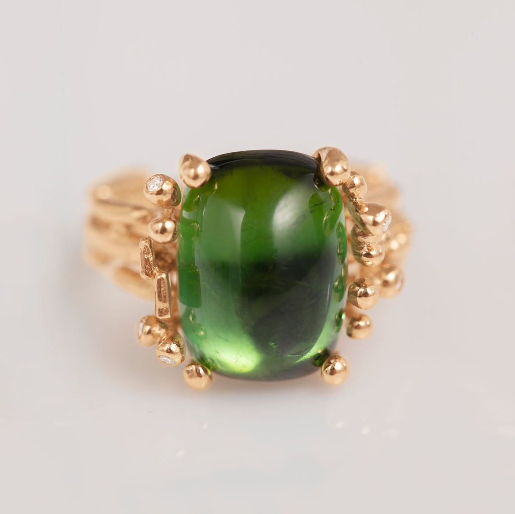 BoHo Medium 18K Gold Ring w. Diamonds & Tourmaline