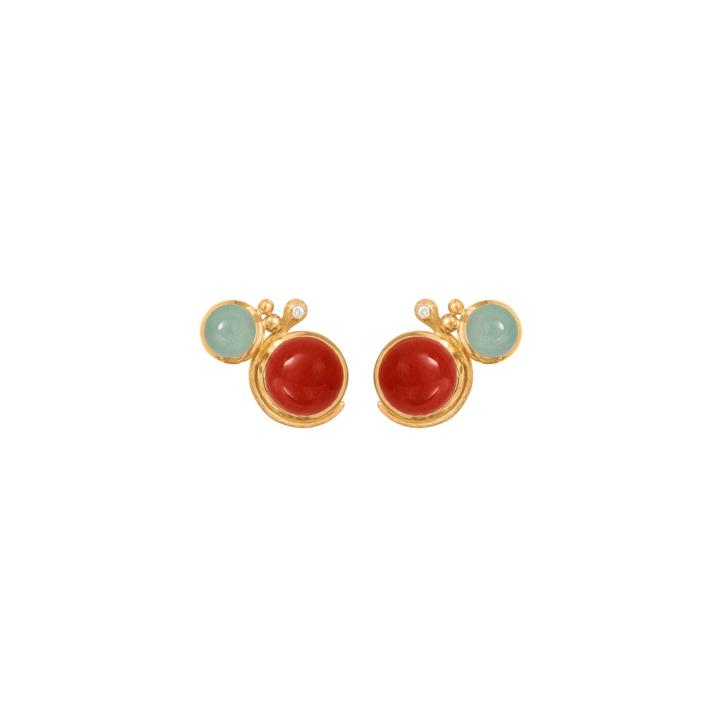 Lotus 18K Gold Studs w. Aquamarine, Coral & Diamond