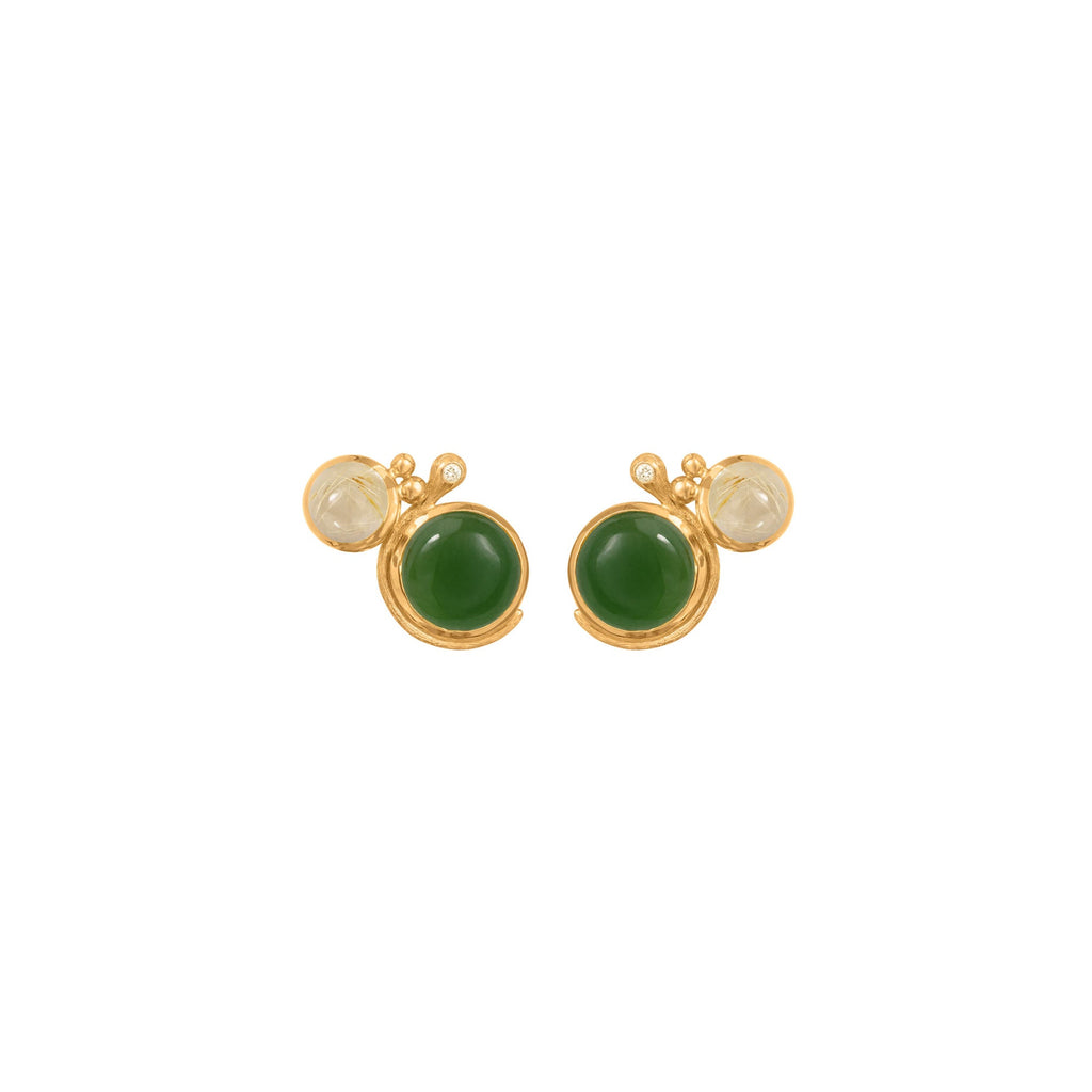 Lotus 18K Gold Studs w. Rutile Quartz, Serpentin & Diamond