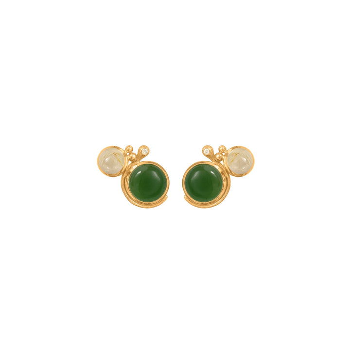 Lotus 18K Gold Studs w. Rutile Quartz, Serpentin & Diamond