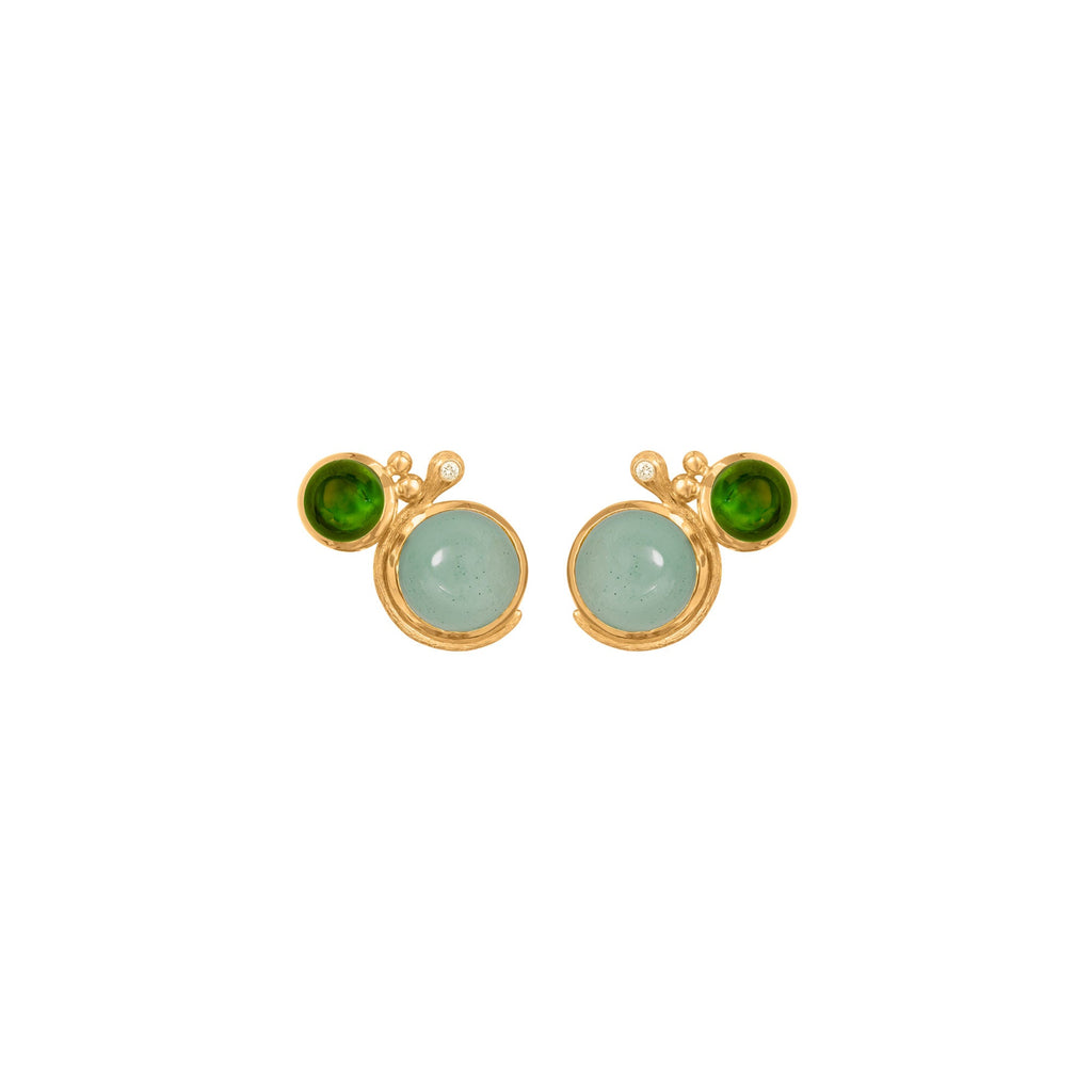 Lotus 18K Gold Studs w. Aquamarine, Tourmaline & Diamond