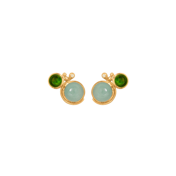 Lotus 18K Gold Studs w. Aquamarine, Tourmaline & Diamond