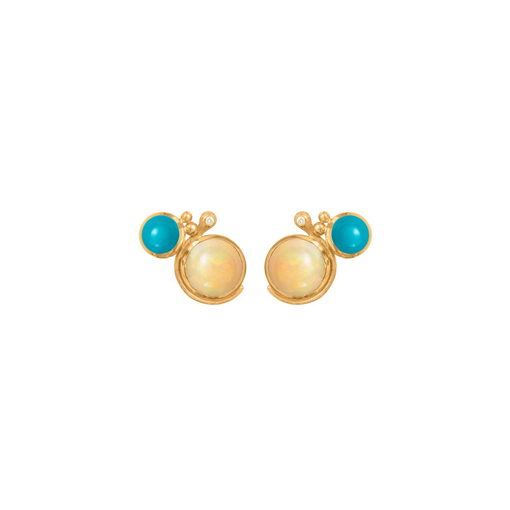 Lotus 18K Gold Studs w. Turquoise, Opal & Diamond