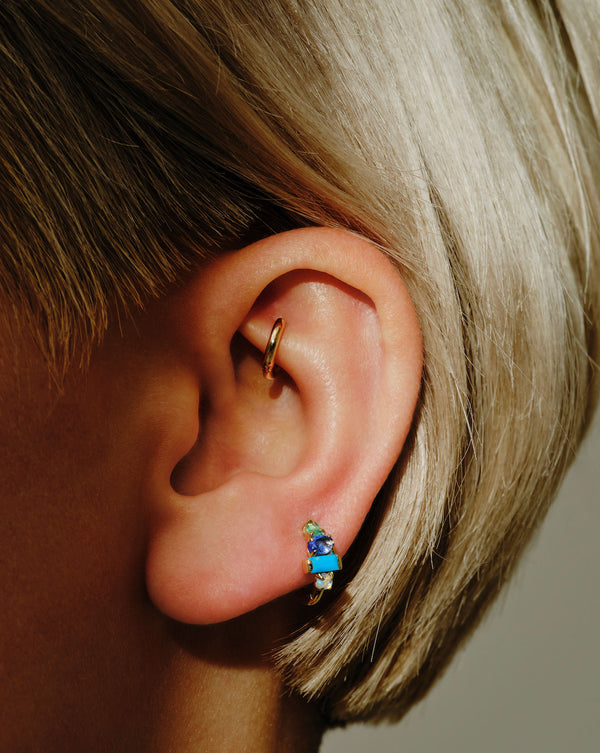 Multi Gemstone Claw Set Clicker 9K Gold Hoop w. Emerald, Tanzanite, Turquoise & Opal