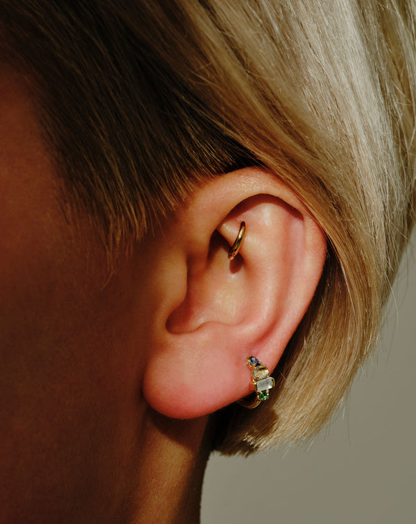 Multi Gemstone Claw Set Clicker 9K Gold Hoop w. Blue Sapphire, Morganite, Moonstone & Emerald