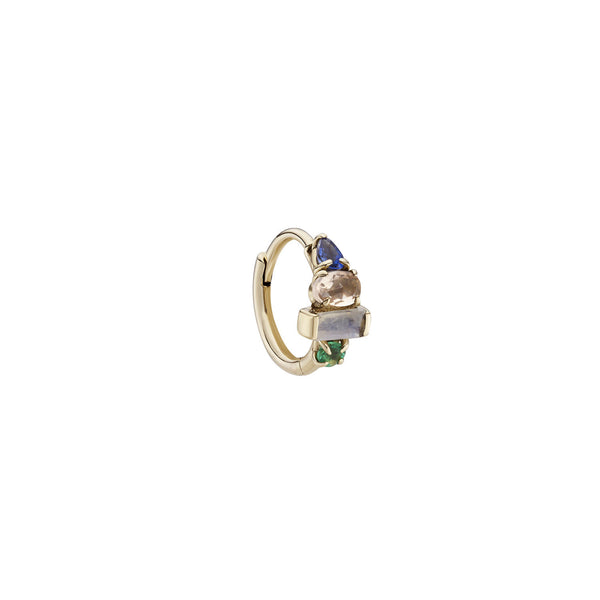 Multi Gemstone Claw Set Clicker 9K Gold Hoop w. Blue Sapphire, Morganite, Moonstone & Emerald