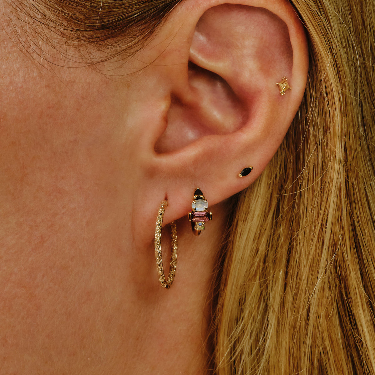 Multi Gemstone Claw Set Clicker 9K Gold Hoop w. Black Diamond, Moonstone, Pink Tourmaline & Opal