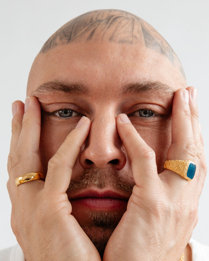 IX Crunchy Cushion 22k Gold Plated Signet Ring w. Blue Enamel