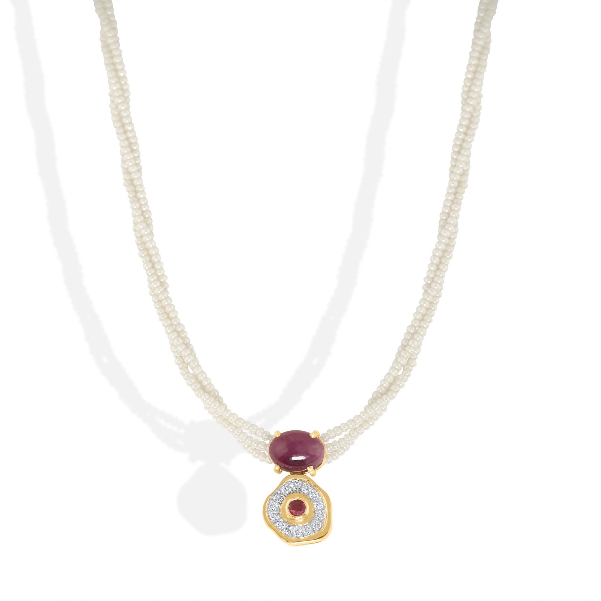 Wüste Rose 18k Gold Halskette w. Rubine, Perlen und Diamanten