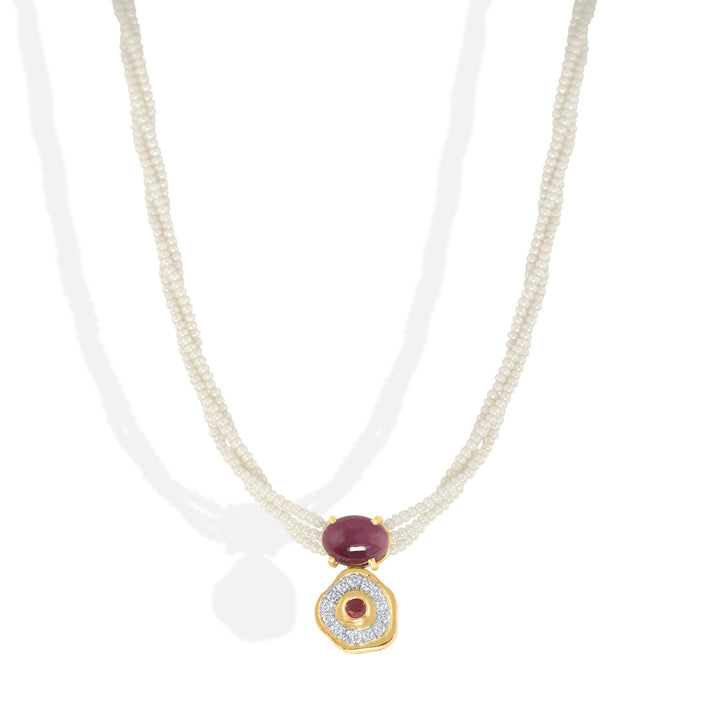Desert Rose 18K Gold Necklace w. Rubies, Pearls & Diamonds