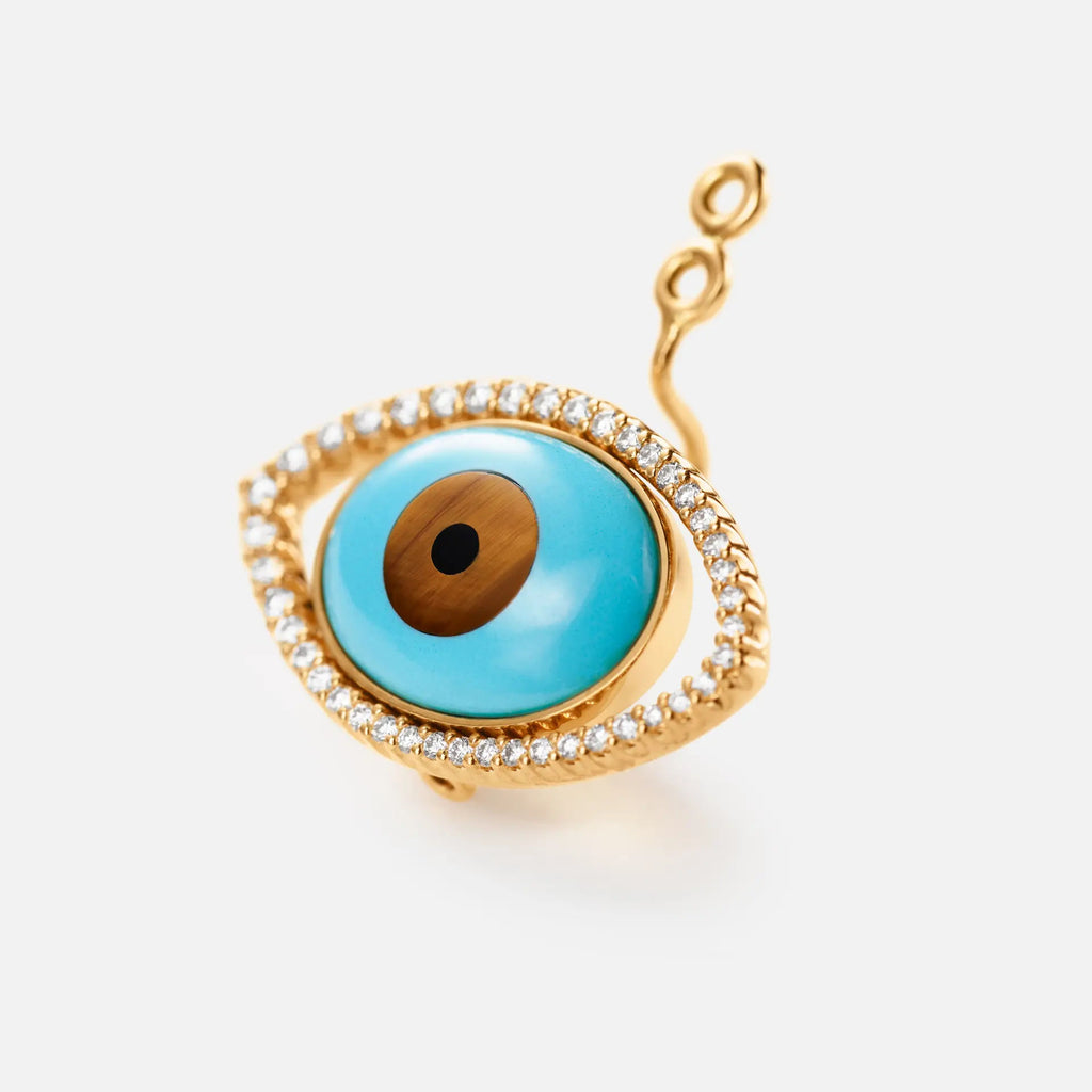 Evil Eye 18K Gold Earring Pendant w. Tiger's Eye, Onyx, Turquoise & Diamond