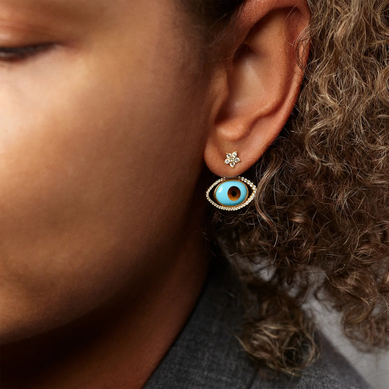 Evil Eye 18K Gold Earring Pendant w. Tiger's Eye, Onyx, Turquoise & Diamond