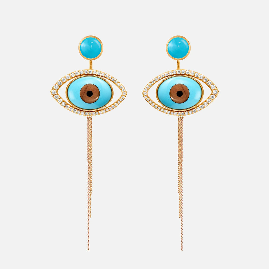 Evil Eye 18K Gold Earring Pendant w. Tiger's Eye, Onyx, Turquoise & Diamond